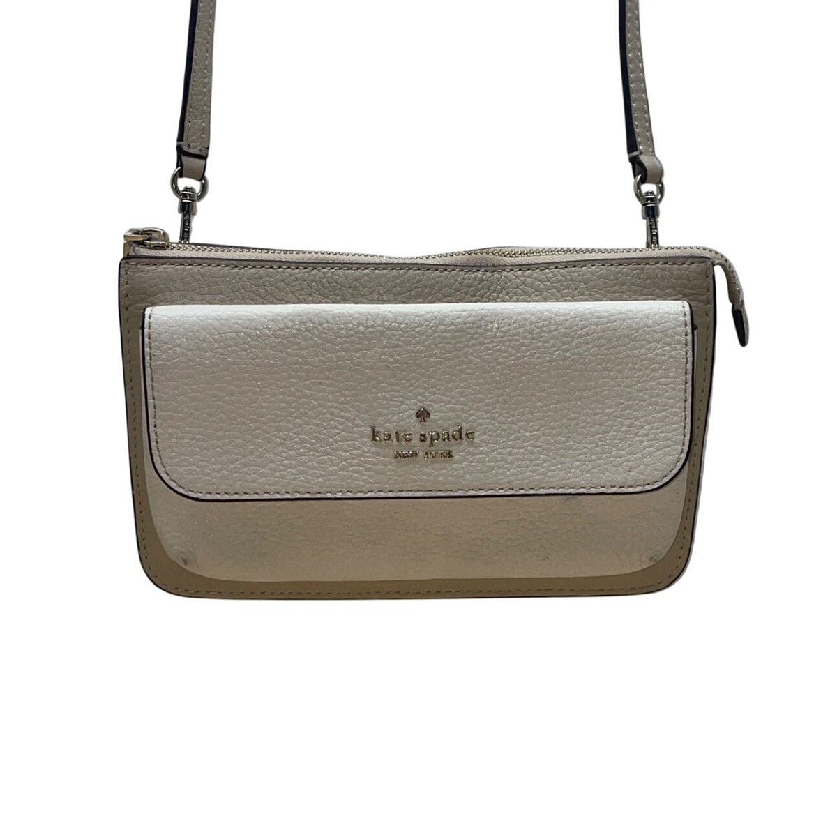 Kate Spade Beige & White Pebbled Leather Front Pocket Leila Crossbody Bag Sz S