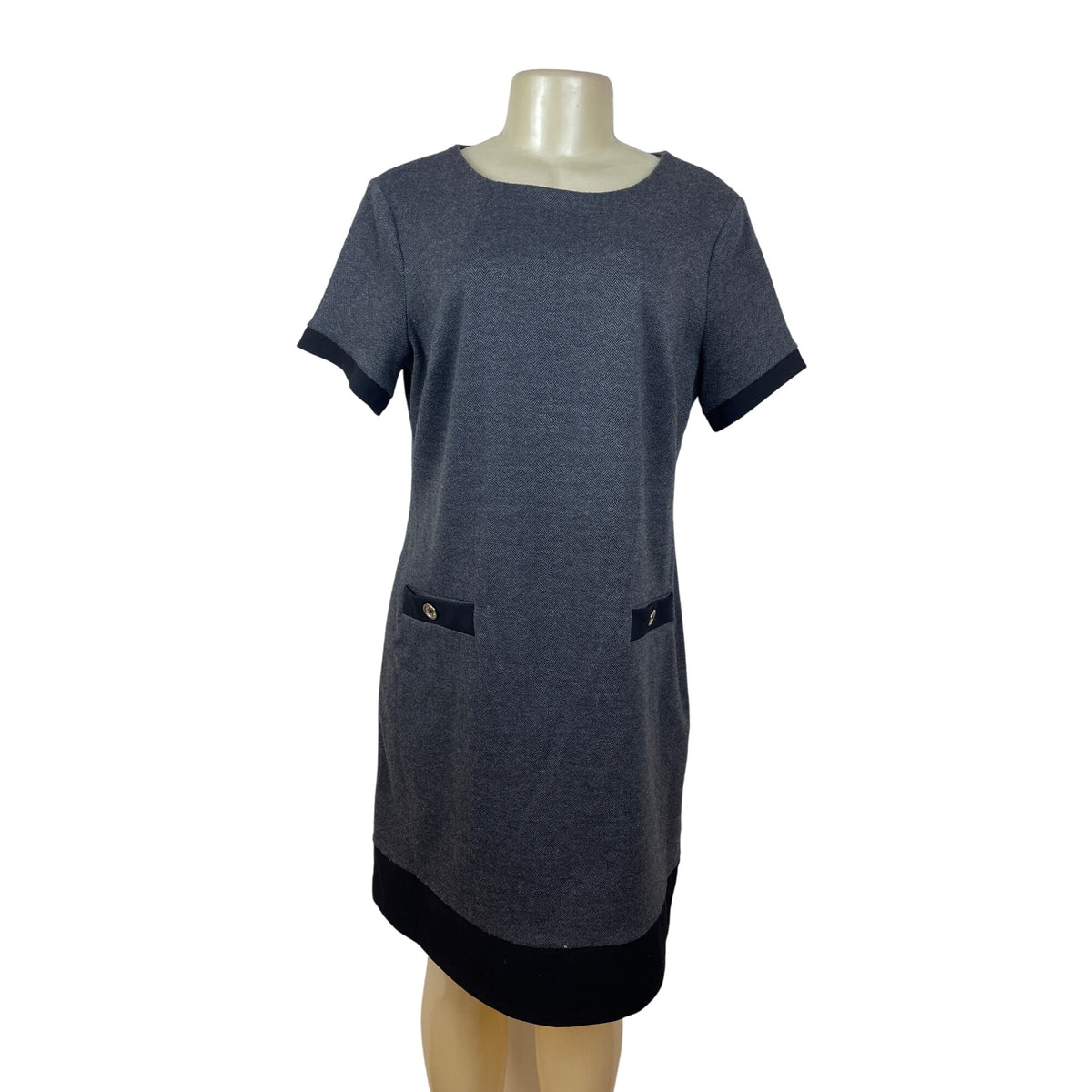 Tommy Hilfiger Gray & Black Shift Dress With Button Pockets & Back Zip Sz 14