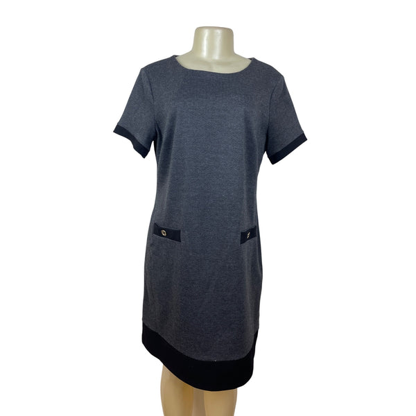 Tommy Hilfiger Gray & Black Shift Dress With Button Pockets & Back Zip Sz 14