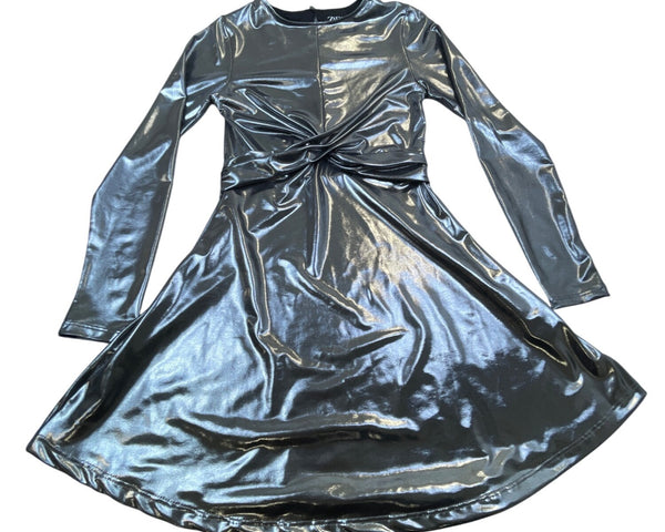 Zara Girls Metallic Silver Long Sleeve Dress Knot Front Shiny Party Size 10