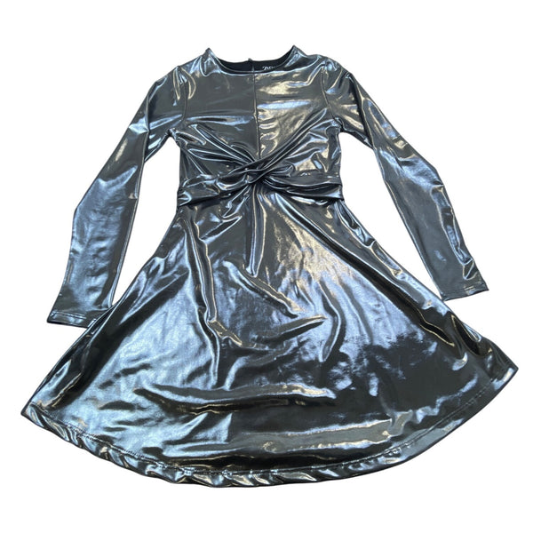 Zara Girls Metallic Silver Long Sleeve Dress Knot Front Shiny Party Size 10