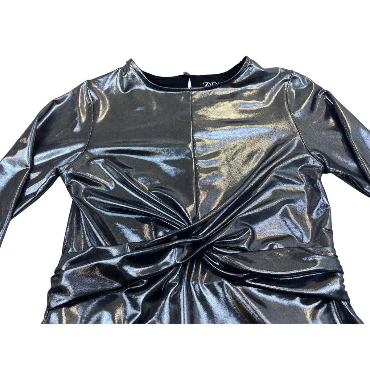 Zara Girls Metallic Silver Long Sleeve Dress Knot Front Shiny Party Size 10