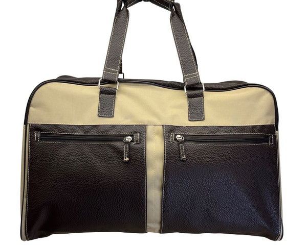 Unbranded Beige Canvas & Brown Faux Leather With Dual Handles Travel Duffel Bag