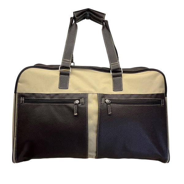 Unbranded Beige Canvas & Brown Faux Leather With Dual Handles Travel Duffel Bag