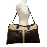Unbranded Beige Canvas & Brown Faux Leather With Dual Handles Travel Duffel Bag