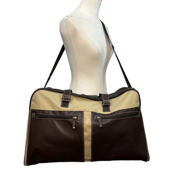 Unbranded Beige Canvas & Brown Faux Leather With Dual Handles Travel Duffel Bag