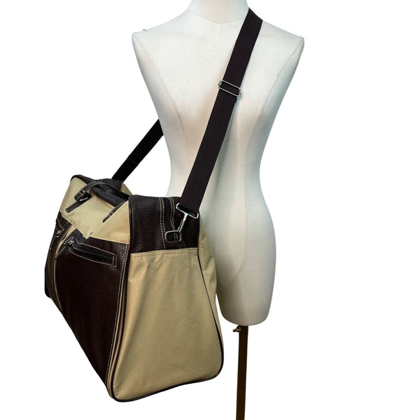 Unbranded Beige Canvas & Brown Faux Leather With Dual Handles Travel Duffel Bag