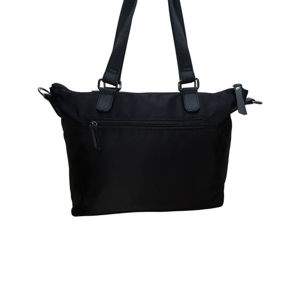 Roots 73 Women’s Black Nylon & Faux Leather With Front Zipper Pocket Tote Bag