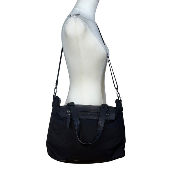 Roots 73 Women’s Black Nylon & Faux Leather With Front Zipper Pocket Tote Bag