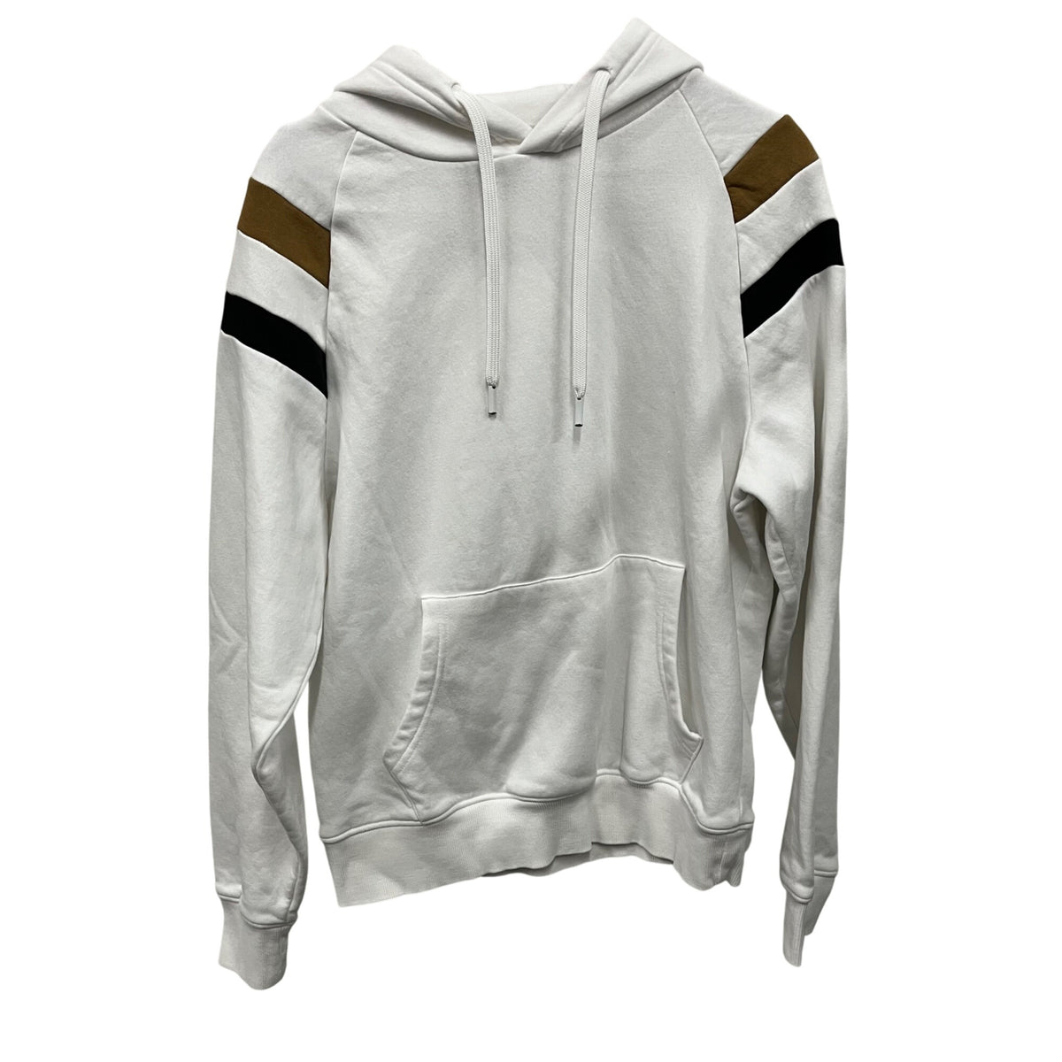 Denim & Flower Mens White Hooded Pullover Sweatshirt With Striped Sleeve Details Size S