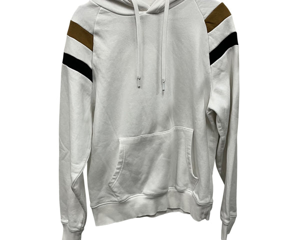 Denim & Flower Mens White Hooded Pullover Sweatshirt With Striped Sleeve Details Size S
