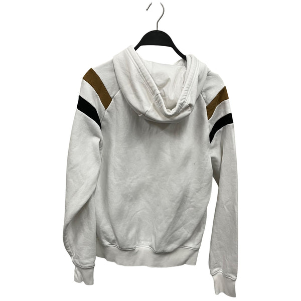 Denim & Flower Mens White Hooded Pullover Sweatshirt With Striped Sleeve Details Size S