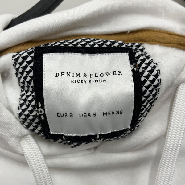 Denim & Flower Mens White Hooded Pullover Sweatshirt With Striped Sleeve Details Size S