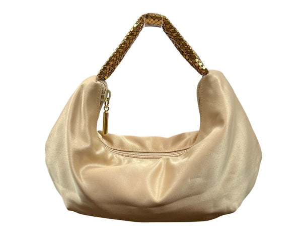 Kate Landry Beige Satin Gold Metal Mesh Handle Rope Strap Evening Clutch Sz S