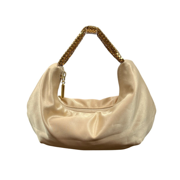 Kate Landry Beige Satin Gold Metal Mesh Handle Rope Strap Evening Clutch Sz S
