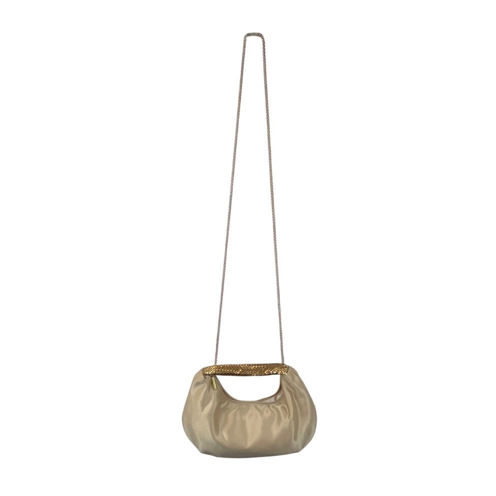 Kate Landry Beige Satin Gold Metal Mesh Handle Rope Strap Evening Clutch Sz S