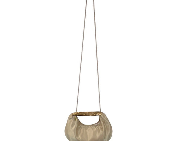 Kate Landry Beige Satin Gold Metal Mesh Handle Rope Strap Evening Clutch Sz S
