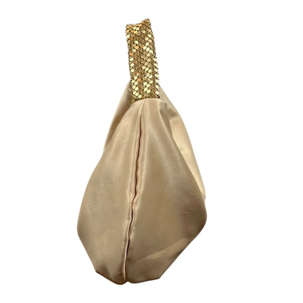 Kate Landry Beige Satin Gold Metal Mesh Handle Rope Strap Evening Clutch Sz S