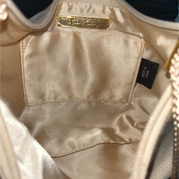 Kate Landry Beige Satin Gold Metal Mesh Handle Rope Strap Evening Clutch Sz S