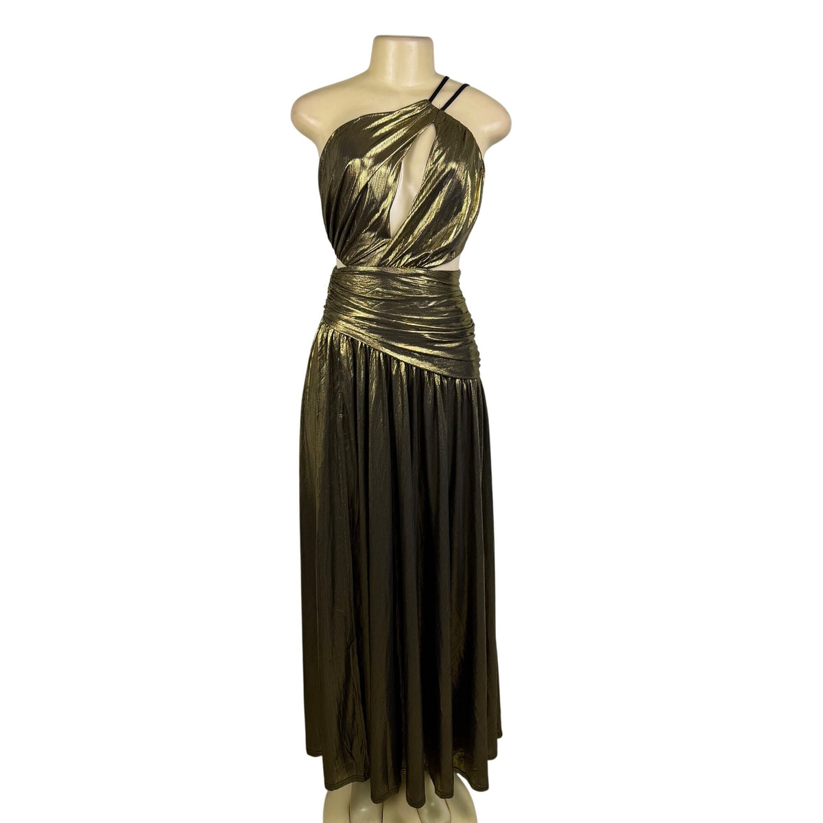 Fashion Nova Womens Gold Metallic Maxi Dress Criss-Cross Back Straps Size XS
