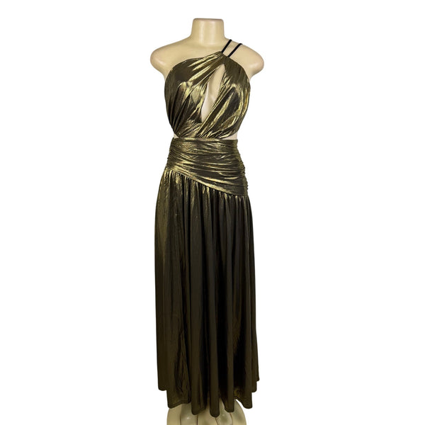 Fashion Nova Womens Gold Metallic Maxi Dress Criss-Cross Back Straps Size XS
