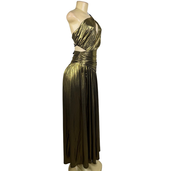 Fashion Nova Womens Gold Metallic Maxi Dress Criss-Cross Back Straps Size XS