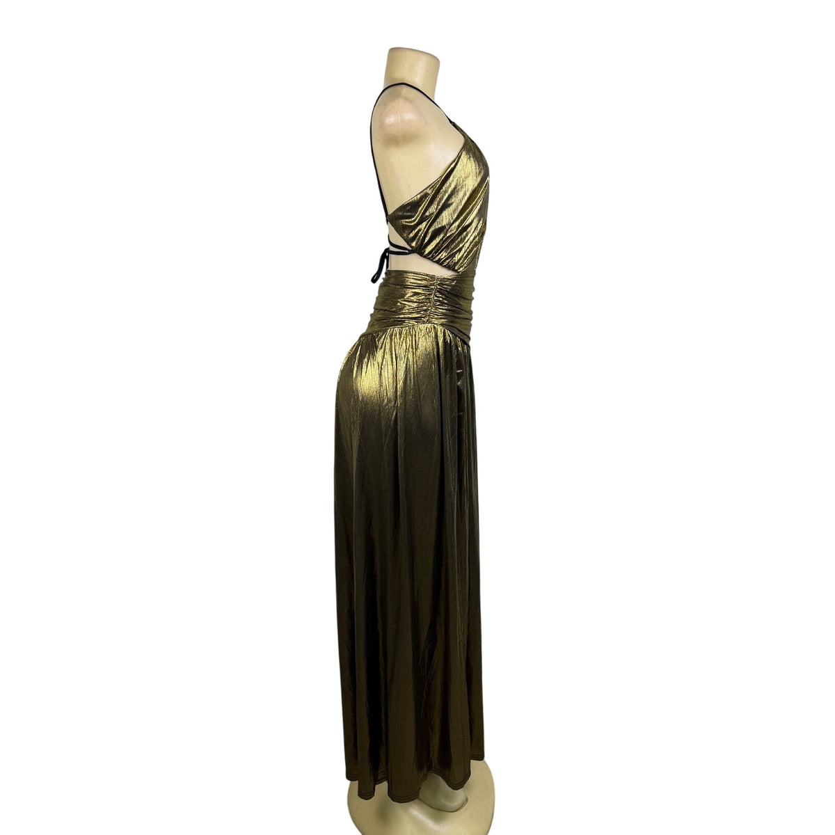 Fashion Nova Womens Gold Metallic Maxi Dress Criss-Cross Back Straps Size XS
