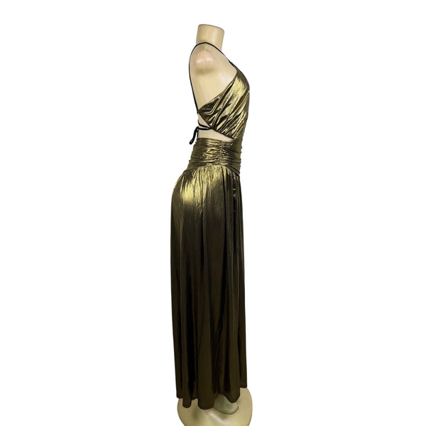 Fashion Nova Womens Gold Metallic Maxi Dress Criss-Cross Back Straps Size XS