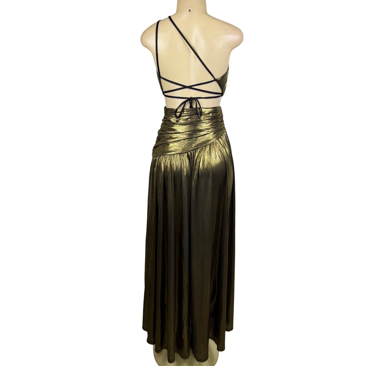 Fashion Nova Womens Gold Metallic Maxi Dress Criss-Cross Back Straps Size XS
