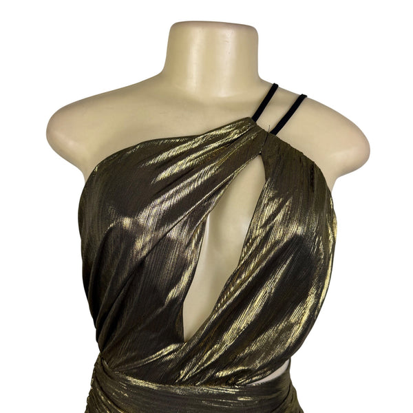 Fashion Nova Womens Gold Metallic Maxi Dress Criss-Cross Back Straps Size XS