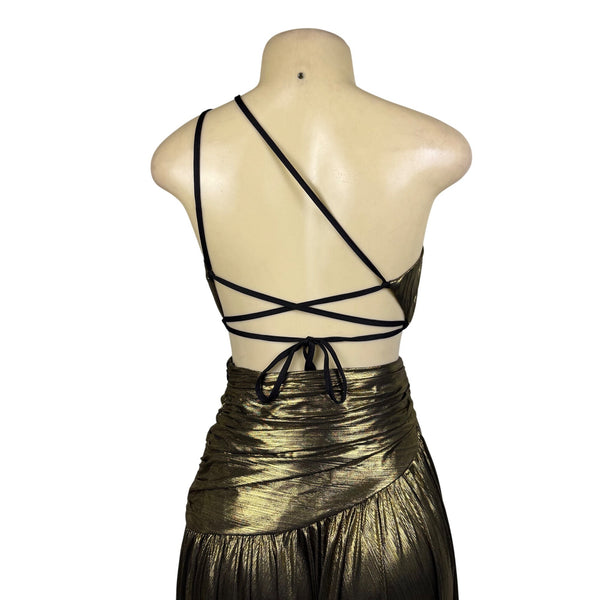 Fashion Nova Womens Gold Metallic Maxi Dress Criss-Cross Back Straps Size XS
