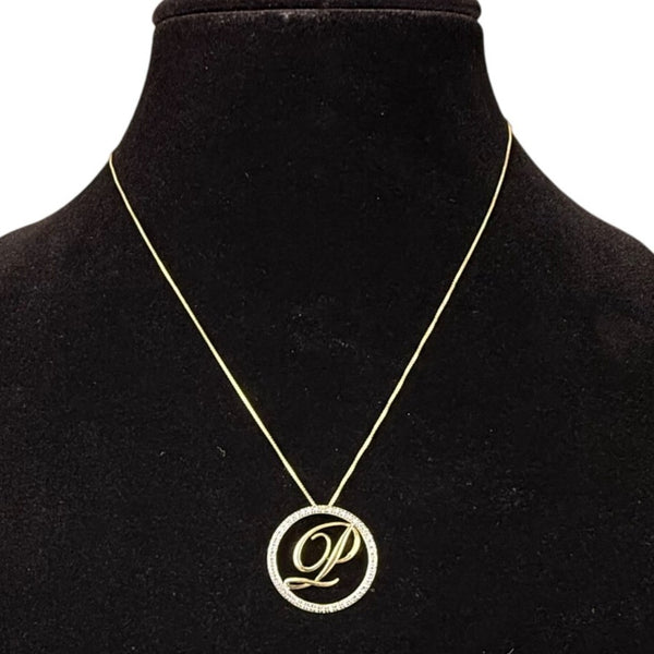Gold Tone "P" Pendant Necklace 925 Sterling Silver Chain Round Crystal Accent