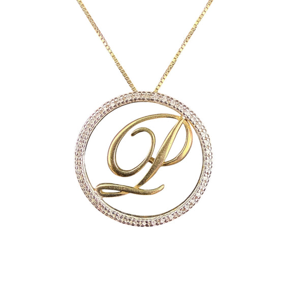 Gold Tone "P" Pendant Necklace 925 Sterling Silver Chain Round Crystal Accent