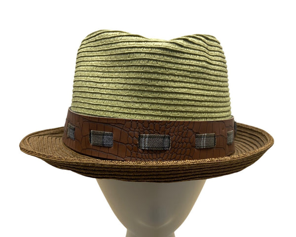 Stacy Adams Green & Brown Straw Fedora With Faux Croc Band Mens Hat