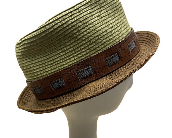 Stacy Adams Green & Brown Straw Fedora With Faux Croc Band Mens Hat