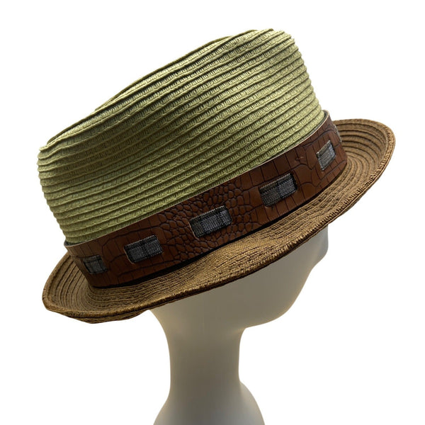 Stacy Adams Green & Brown Straw Fedora With Faux Croc Band Mens Hat