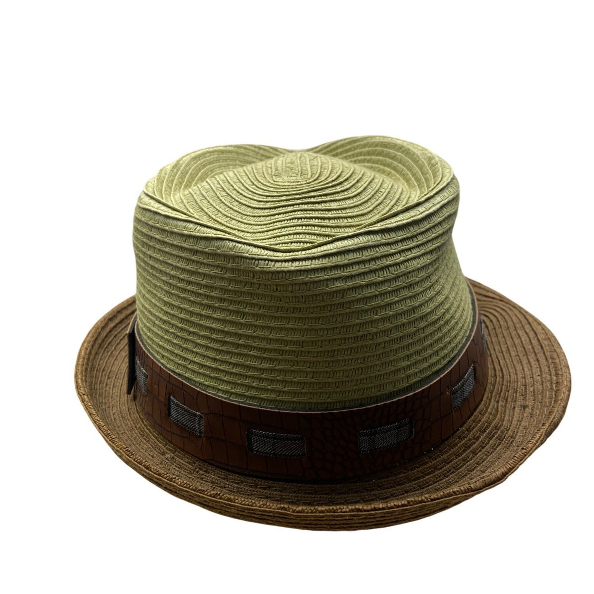 Stacy Adams Green & Brown Straw Fedora With Faux Croc Band Mens Hat