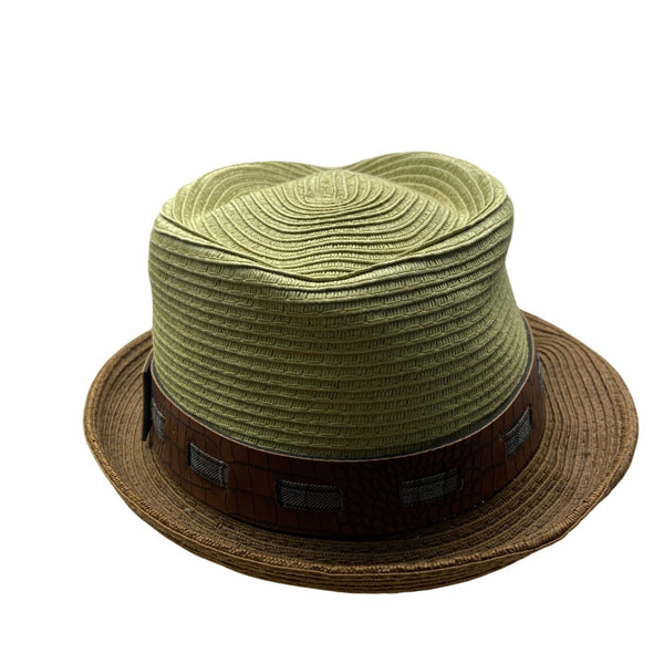 Stacy Adams Green & Brown Straw Fedora With Faux Croc Band Mens Hat
