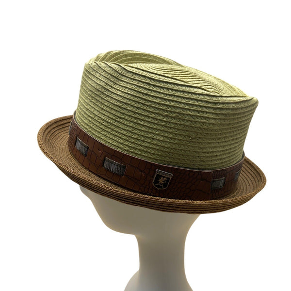 Stacy Adams Green & Brown Straw Fedora With Faux Croc Band Mens Hat