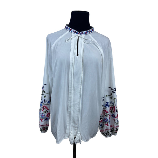 SHEIN Women's White Embroidered Long Sleeve Blouse Sz L