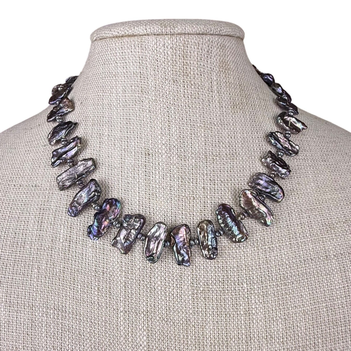 Vintage Freshwater Iridescent Black Pearl Necklace Silver Tone Spacer Beads Magnetic Clasp