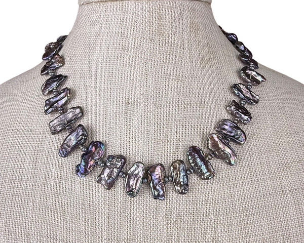 Vintage Freshwater Iridescent Black Pearl Necklace Silver Tone Spacer Beads Magnetic Clasp
