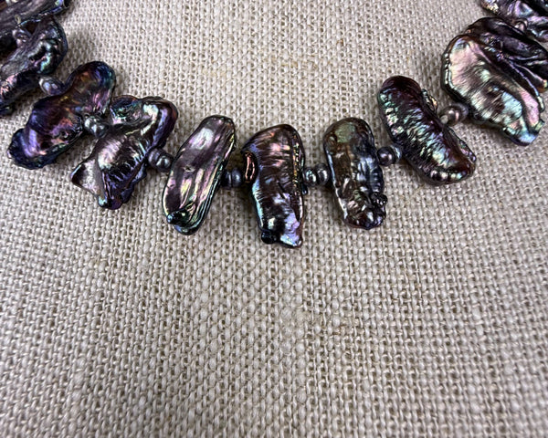 Vintage Freshwater Iridescent Black Pearl Necklace Silver Tone Spacer Beads Magnetic Clasp