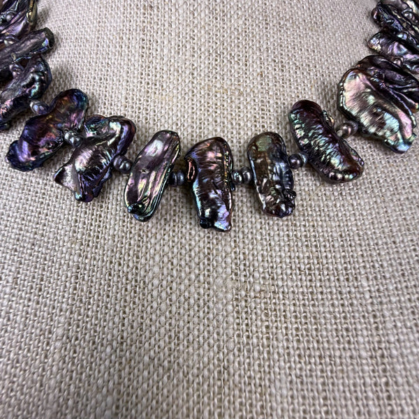 Vintage Freshwater Iridescent Black Pearl Necklace Silver Tone Spacer Beads Magnetic Clasp