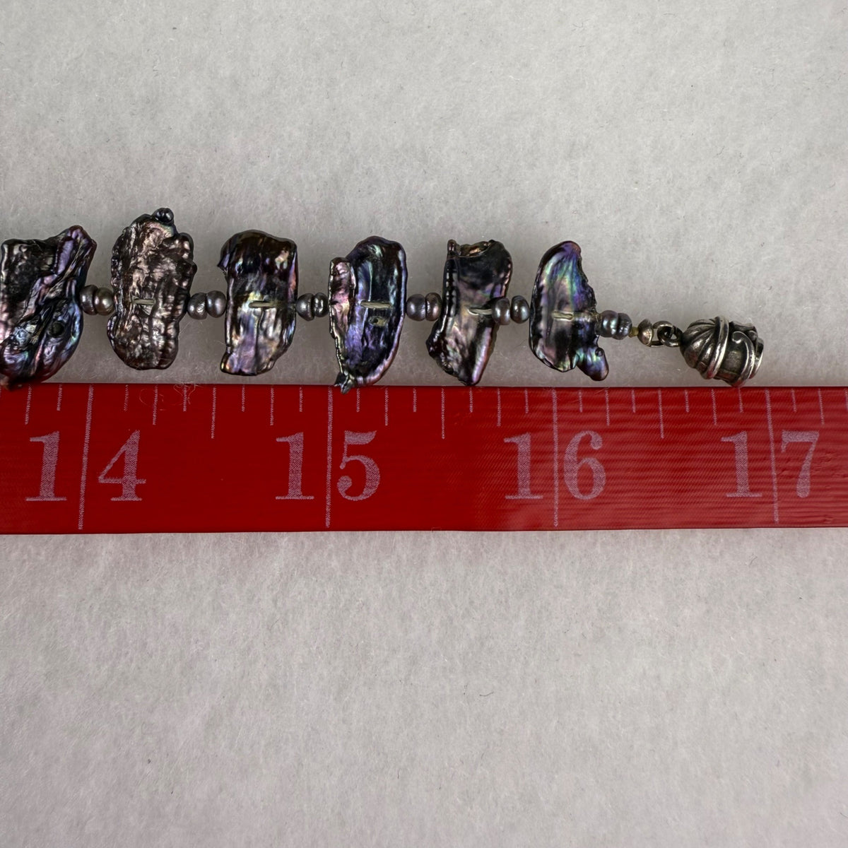 Vintage Freshwater Iridescent Black Pearl Necklace Silver Tone Spacer Beads Magnetic Clasp