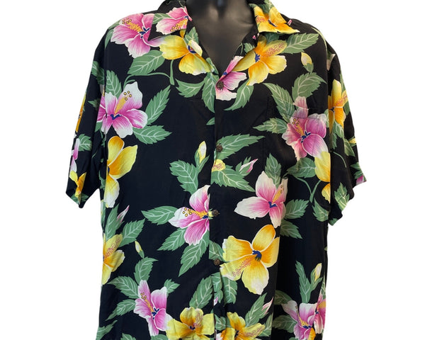 Pineapple Juice Hawaiian Classic Black Floral Button-Up Shirt Size XL
