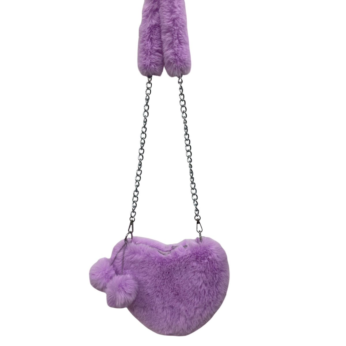 Hot Topic Womens Lavender Faux Fur Heart-Shaped Crossbody Bag With Silver Chain Strap