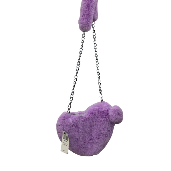 Hot Topic Womens Lavender Faux Fur Heart-Shaped Crossbody Bag With Silver Chain Strap
