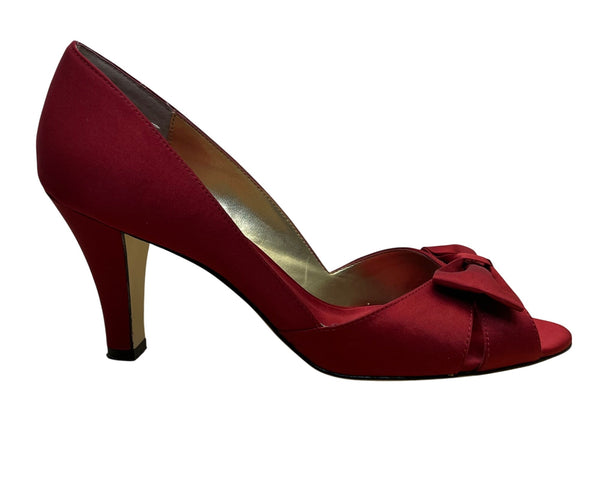 Nina Women’s Red Satin Bow Accent Leather Sole Open Toe Heels Size 8.5M