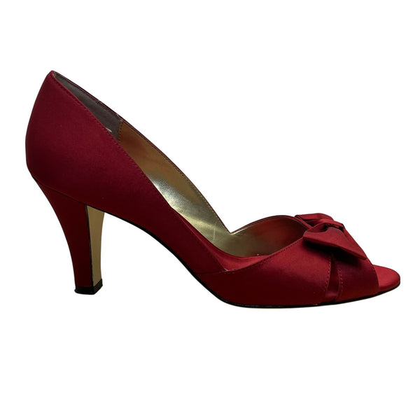Nina Women’s Red Satin Bow Accent Leather Sole Open Toe Heels Size 8.5M